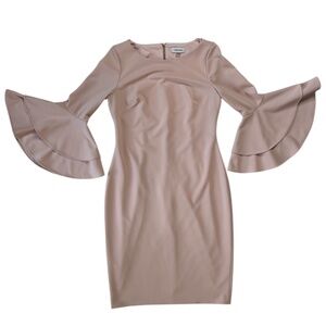 Calvin Klein Dress Ruffle DBL Bell Sleeve Sheath Event Career Chic Light Pink 6